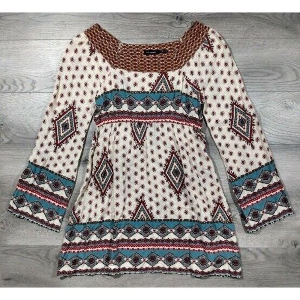 Blu Pepper Long Sleeve Boat Neck Boho Aztec Tunic Shirt Womens Small Rayon